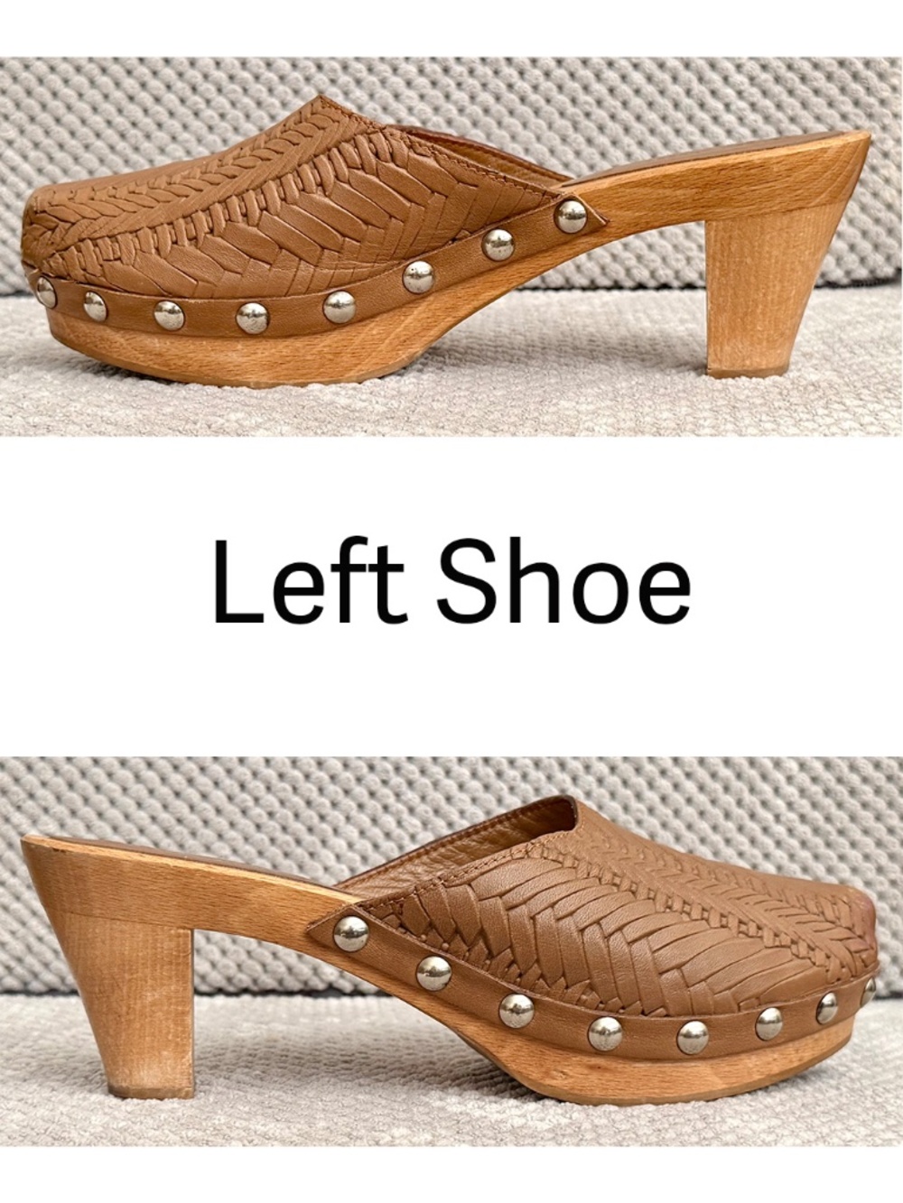 Miu Miu 36 US 6 Y2K Woven Leather Wooden Mules Metal Studs Chunky Wood Mid-Heel - Picture 3 of 10